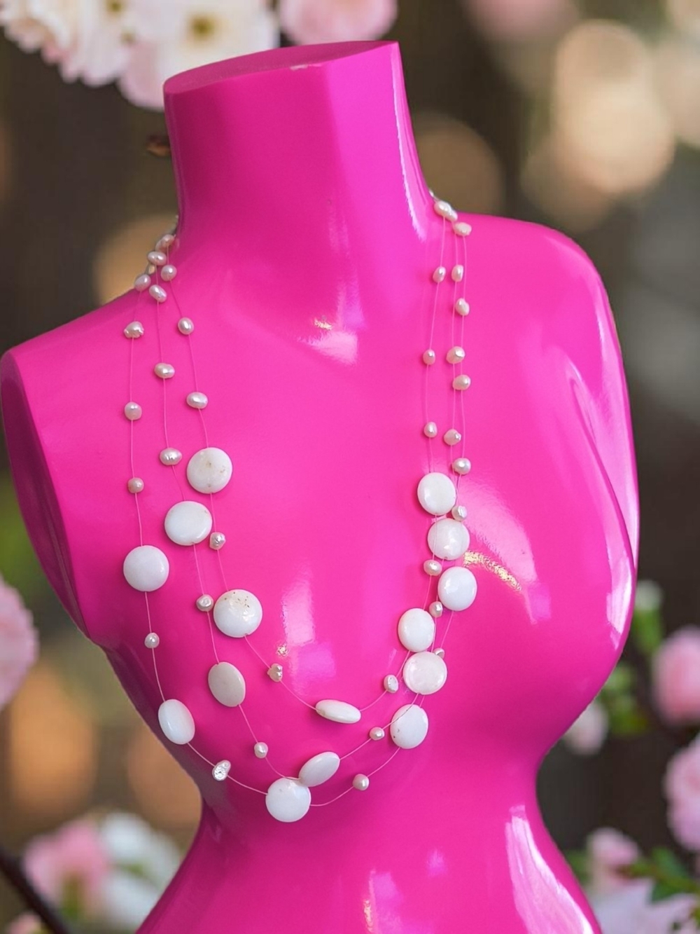 White Multi-Strand Beaded Floating Necklace